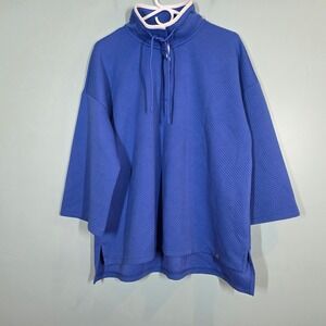 T by Talbots Blue Textured Funnel Neck Pullover Top XL Quilted Button Placket